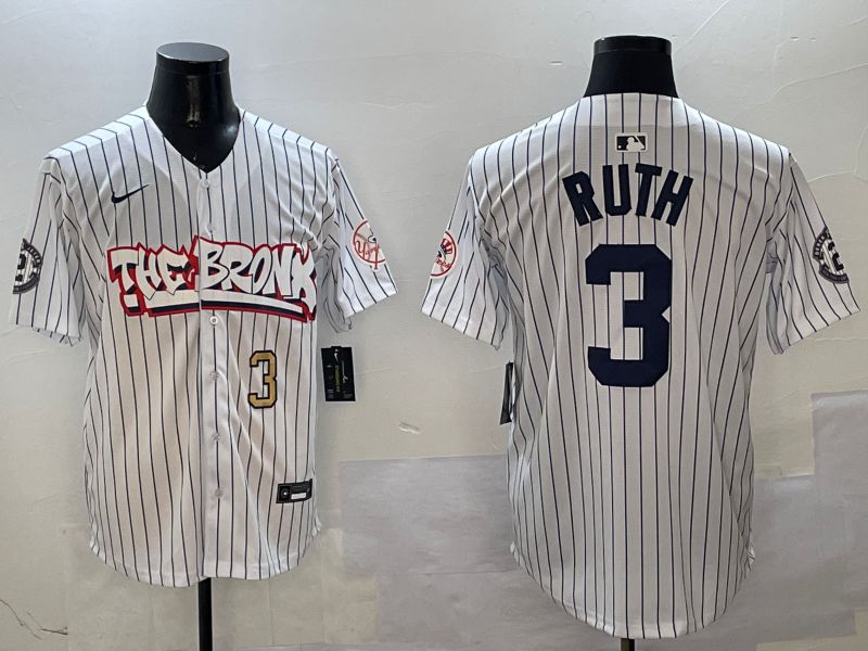 Men New York Yankees 3 Ruth White Stripe four generations Joint Name 2025 Nike MLB Jersey style 4